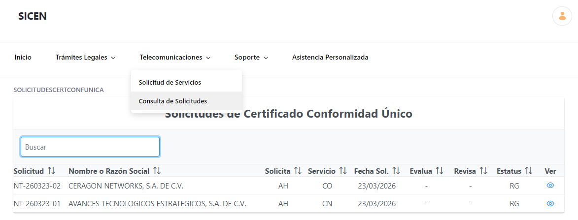 Pantalla de consulta de solicitudes